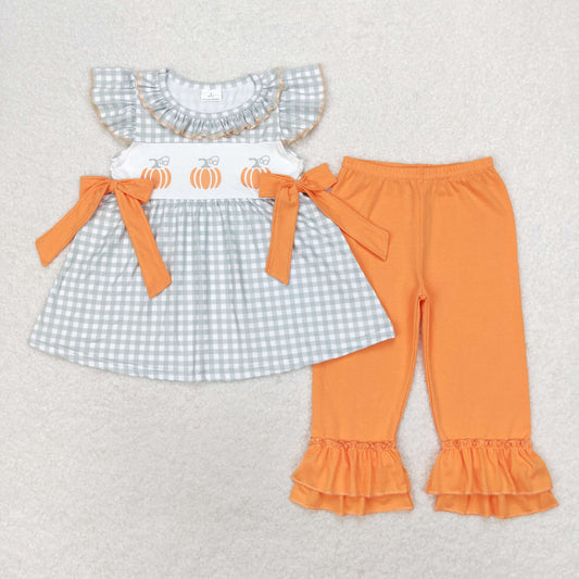 Baby Girls Green Checkered Pumpkins Tunic Ruffle Pants Clothes Sets