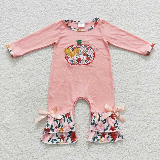 LR0278 USA Shop Baby Girls Embroidery Pumpkin Floral Fall Rompers