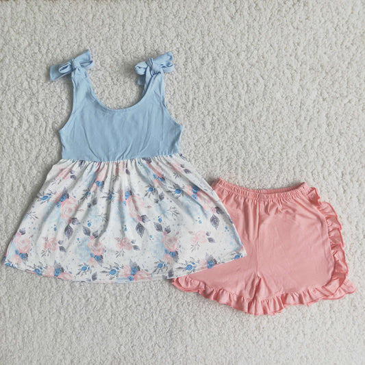 Summer Baby Girls Floral Top Pink Ruffle Shorts Outfit