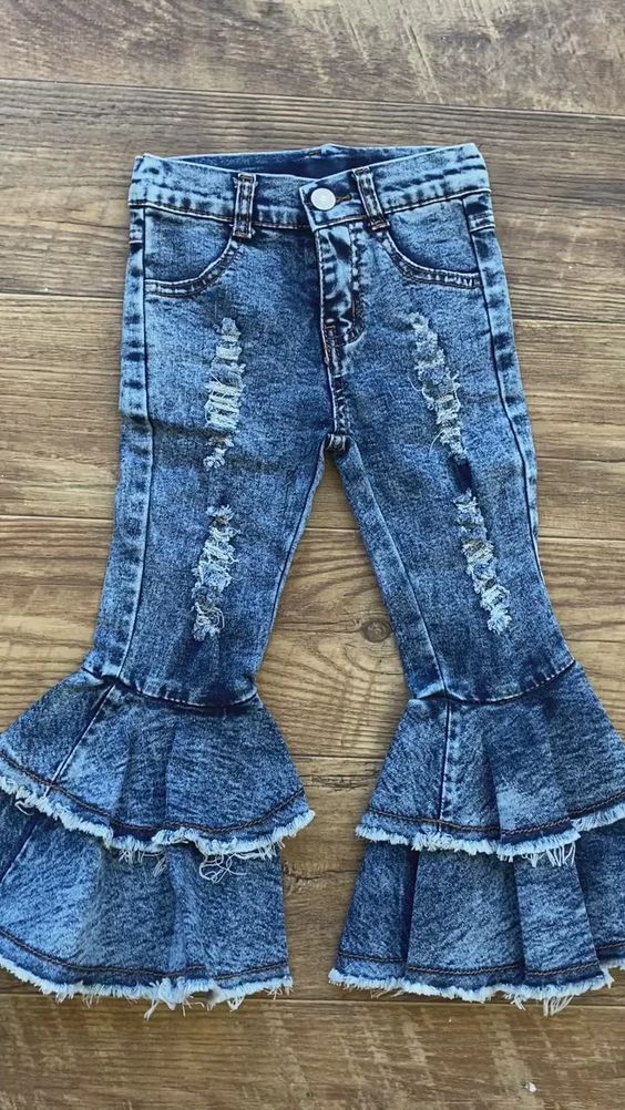 Girls distressed denim pants wholesale children jeans bell bottoms