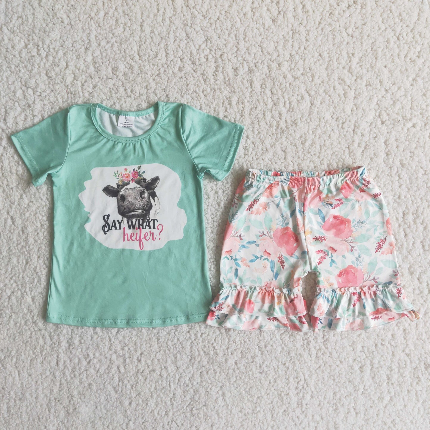 Summer Baby Girls Say What Heifer Floral Shorts Set