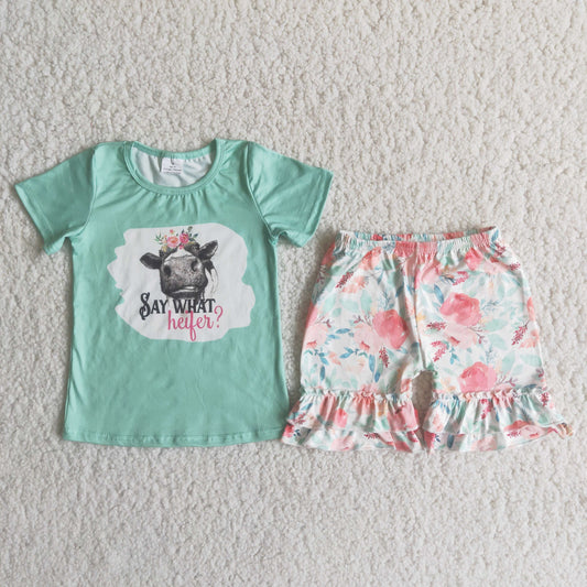 Summer Baby Girls Say What Heifer Floral Shorts Set