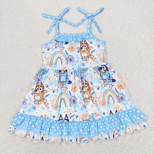 Baby Girls Cartoon Blue Dog Strap Dress With Ruffle