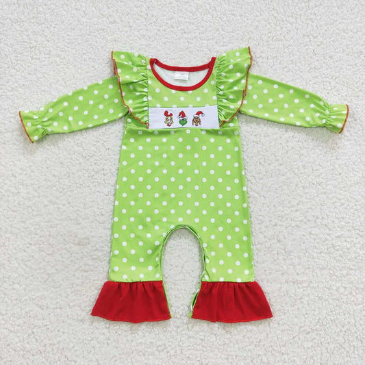 LR0387 USA Shop Baby Girls Christmas Green Face Romper