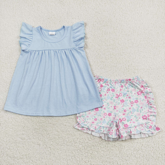 GSSO1056 Baby Girls Blue Pearl Tunic Top  Flower Ruffle Shorts Outfit