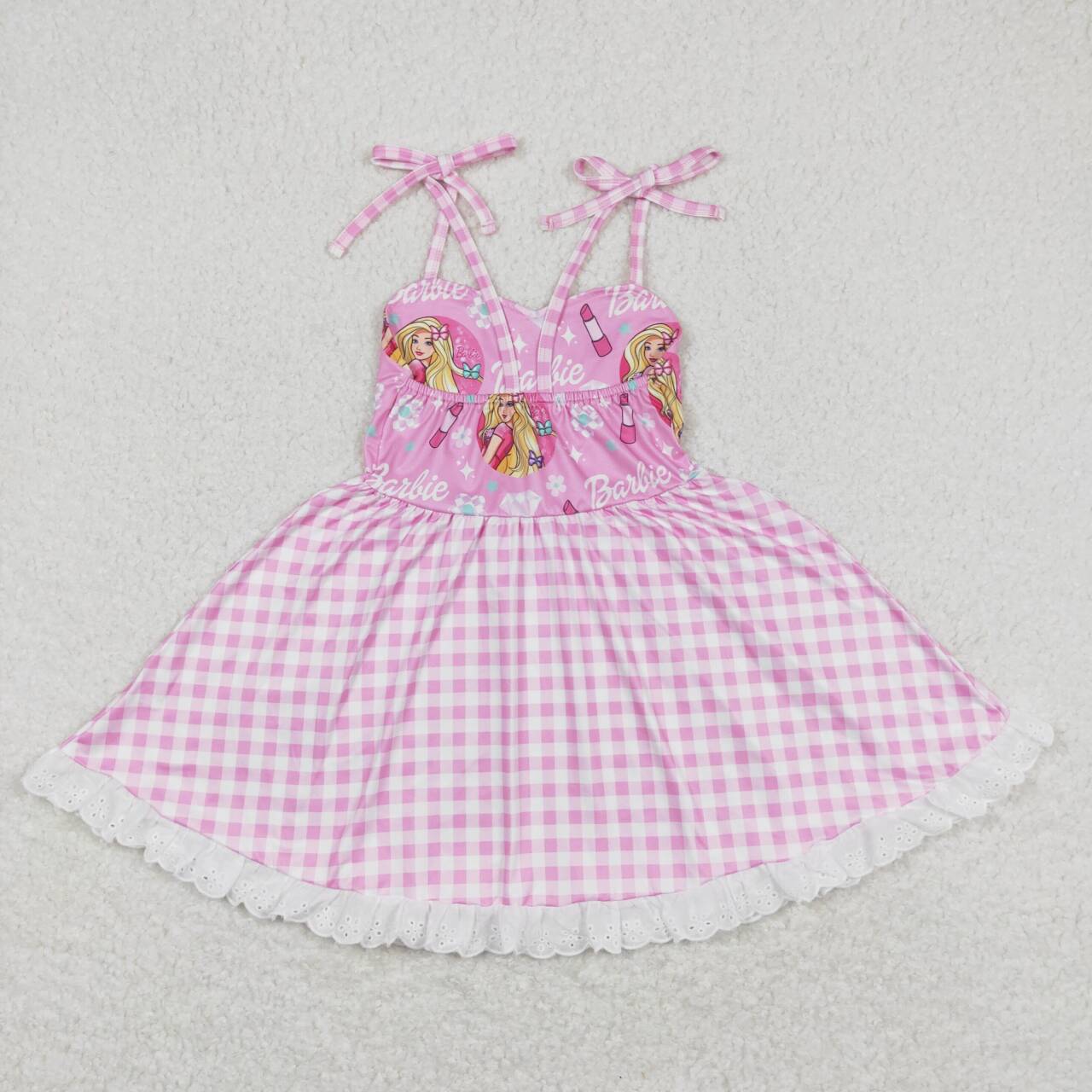 Baby Girls Doll Pink Ginghim Twirl Dress With Lace