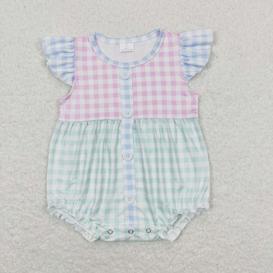 SR1201 Newborn Baby Girls  Blue Green Pink Gingham Romper