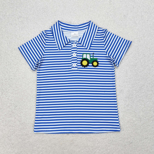 Baby Boys Summer Tractors Blue Striped Short Sleeve Polo Top