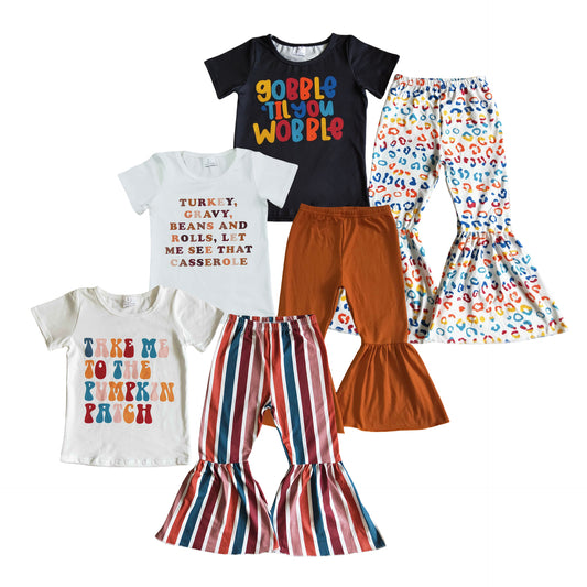 Kids Sibling Girls Thanksgiving Day Turkey Gravy Bell Bottom Pants Outfit