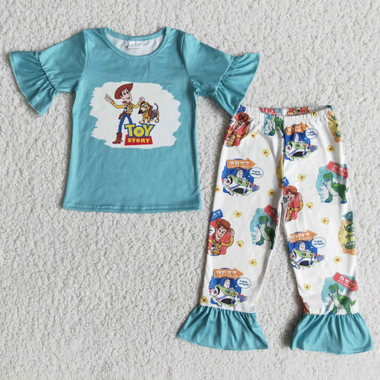 Baby Girls Cartoon Toy Short Sleeve  Top Riffle Pants Set