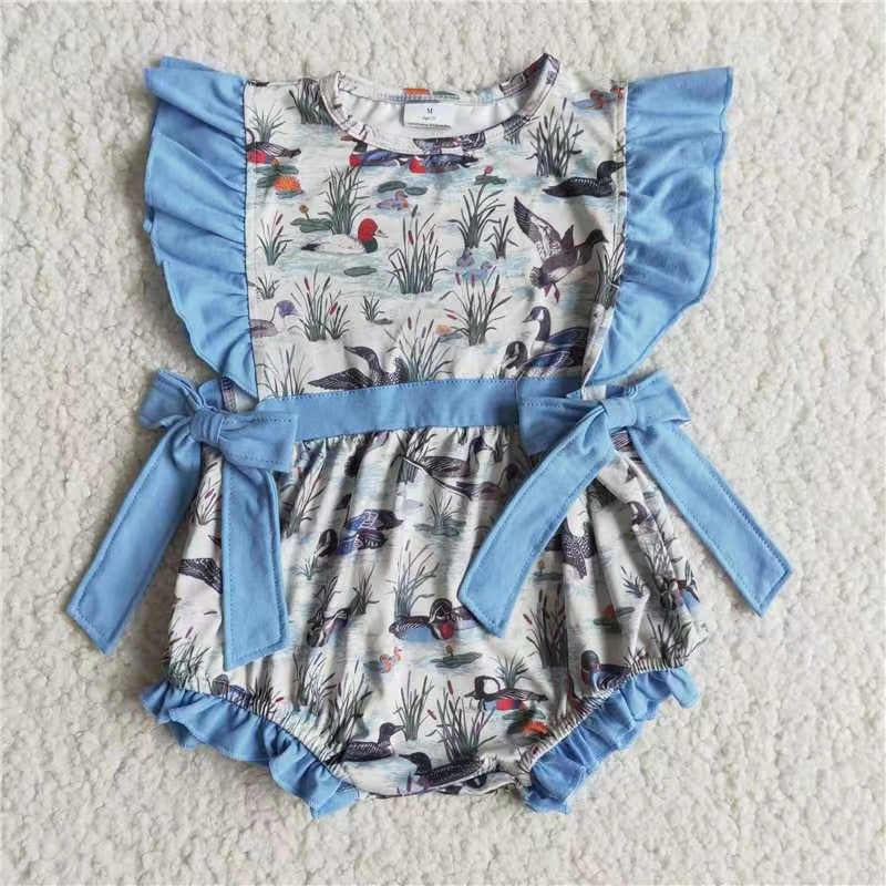 Baby Girls Blue Flutter Sleeves Ducks Bows Hunting Rompers