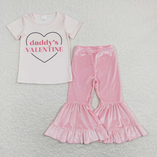 Baby Girls Daddy's Valentine's Day Pink Top Matching Velvet Pants Outfit