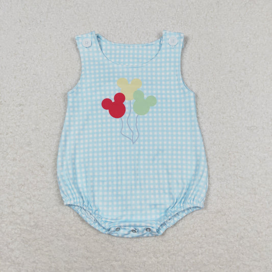 SR1204 Newborn Baby Boys Ballon Blue Gingham Bubble Romper