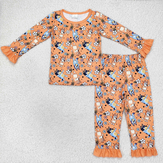 GLP1184 Baby Girls Orange Dog Long Sleeve pajama Set