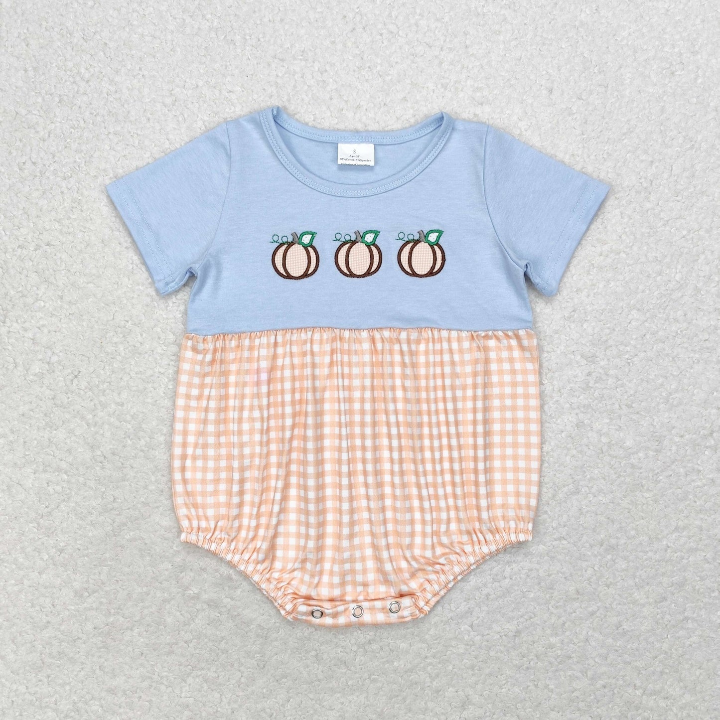 Newborn Baby Boys Pumpkin Gingham Short Sleeve Romper