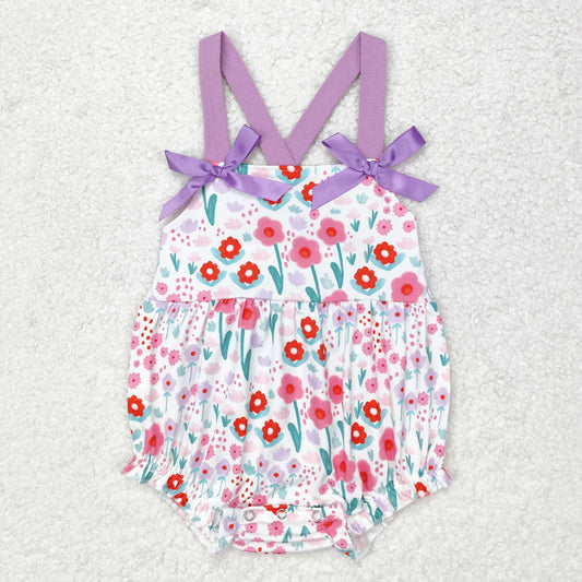 SR1417 Baby Infant Girls Tulips Flowers Purple Bows Rompers