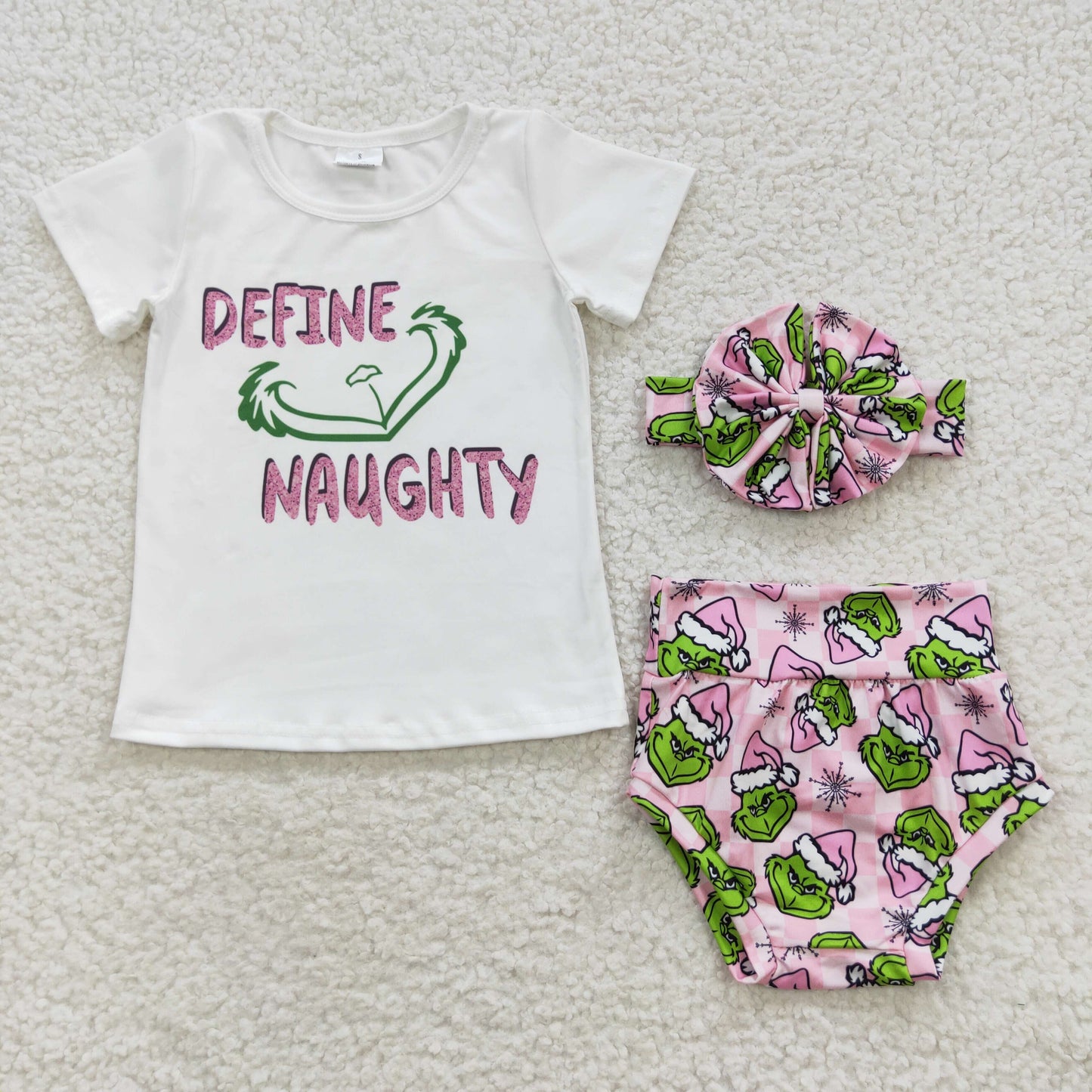 Baby Girls Christmas Green Face Pink Bummie Set