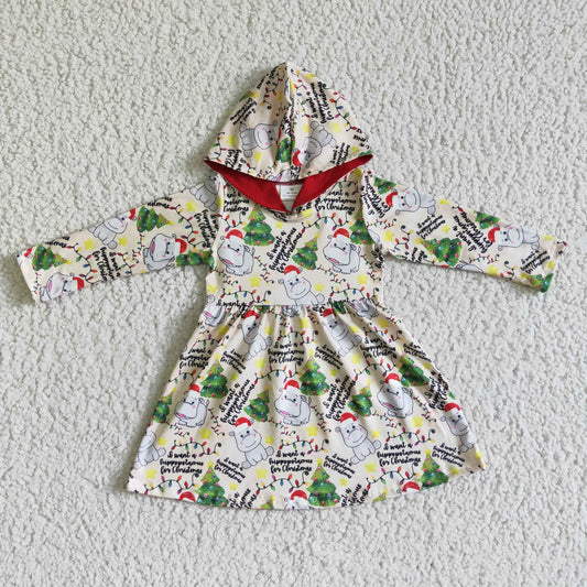 GLD0076 Kids Girls Christmas Hippo Hoodie Dress Coat