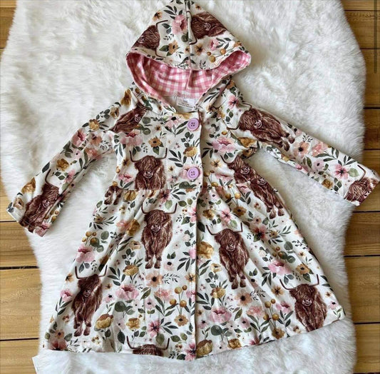 Baby girls hooded western Highland Cow floral long sleeve dresses