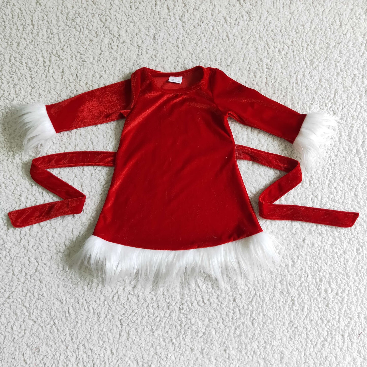 Baby Girls Christmas Red Velvet Long Sleeve Dress With Fur