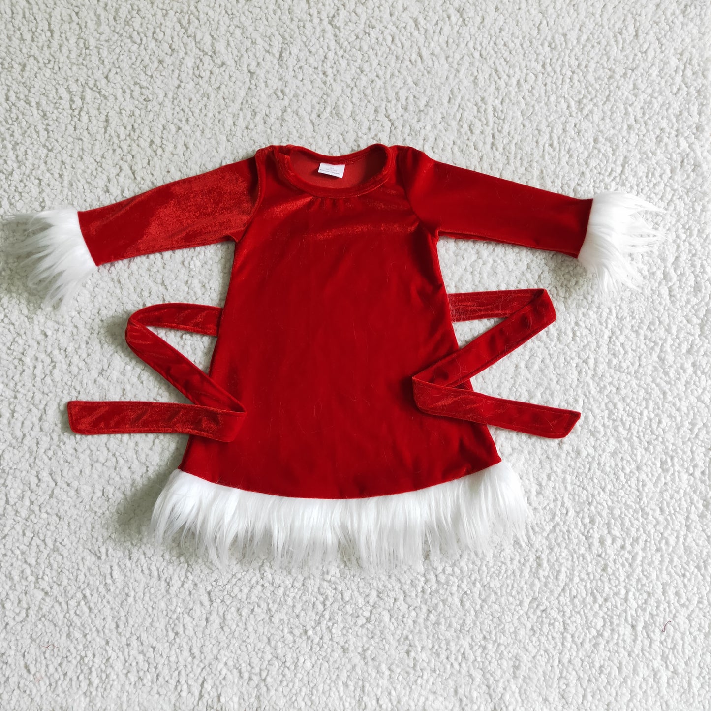 Baby Girls Christmas Red Velvet Long Sleeve Dress With Fur