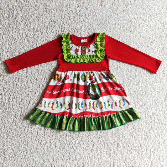 Baby Girls Christmas Green Face Long Sleeve Dress On Sale