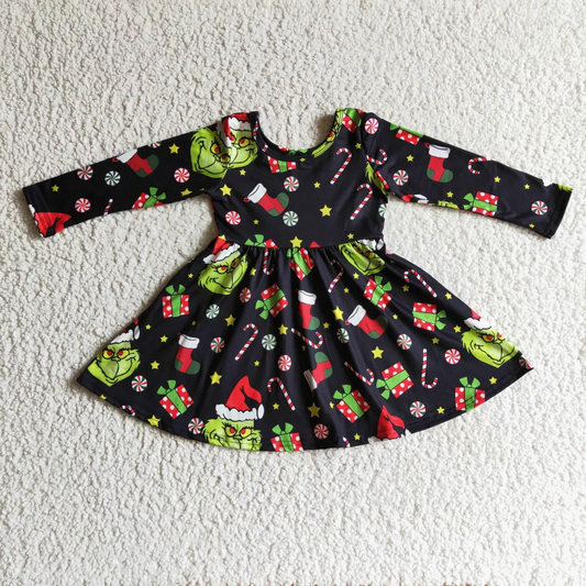 Baby Girls Christmas Green Cartoon Long Sleeve Dress