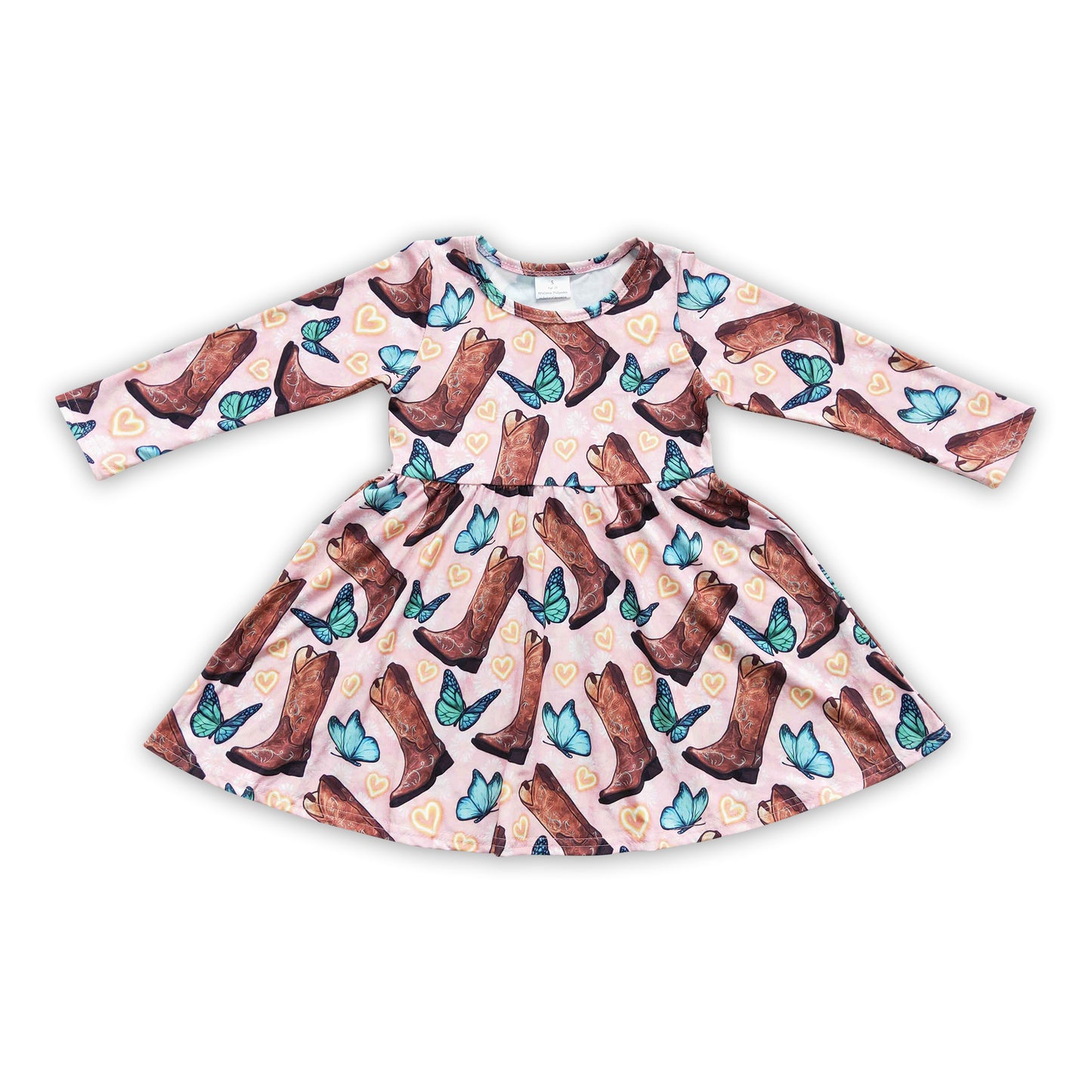 Baby Girls Long Sleeves Boots Bttterfly Hearts Print Dress