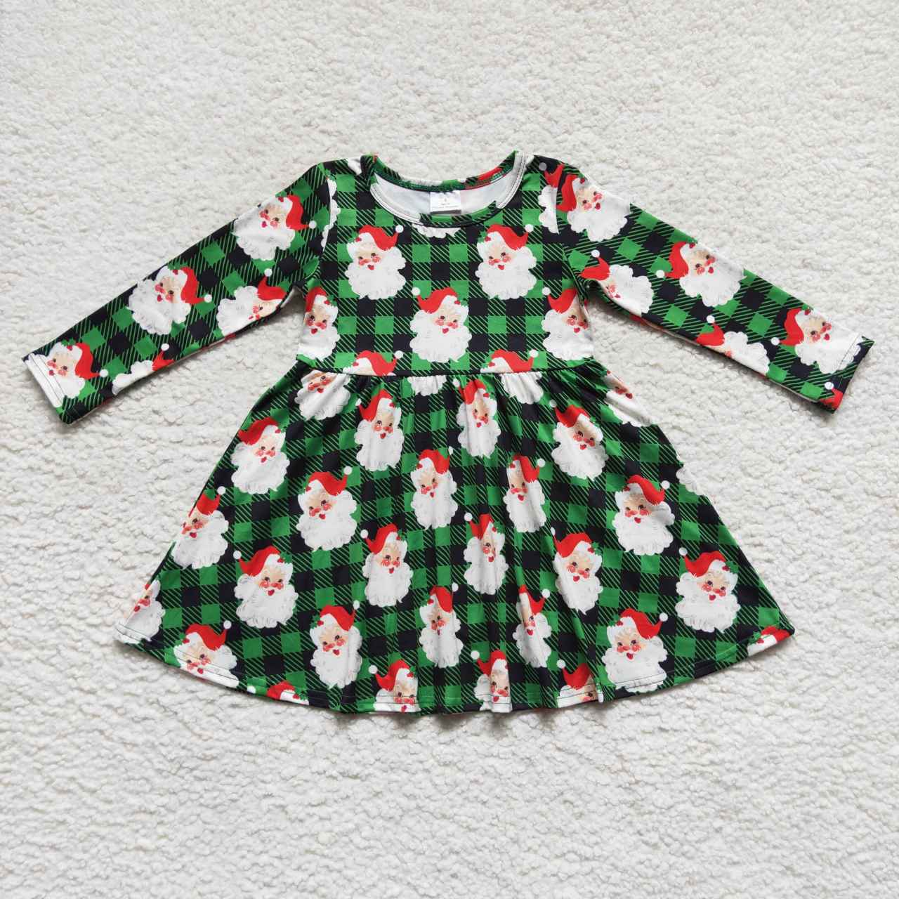 Kids Girls Christmas Santa Green Checked Long Sleeve Dress