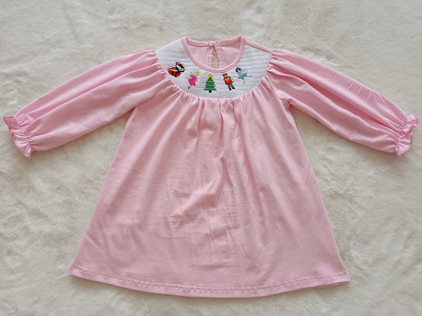 GLD0315 Cute Baby Girls Christmas Smocked Pink Long Sleeve Dress