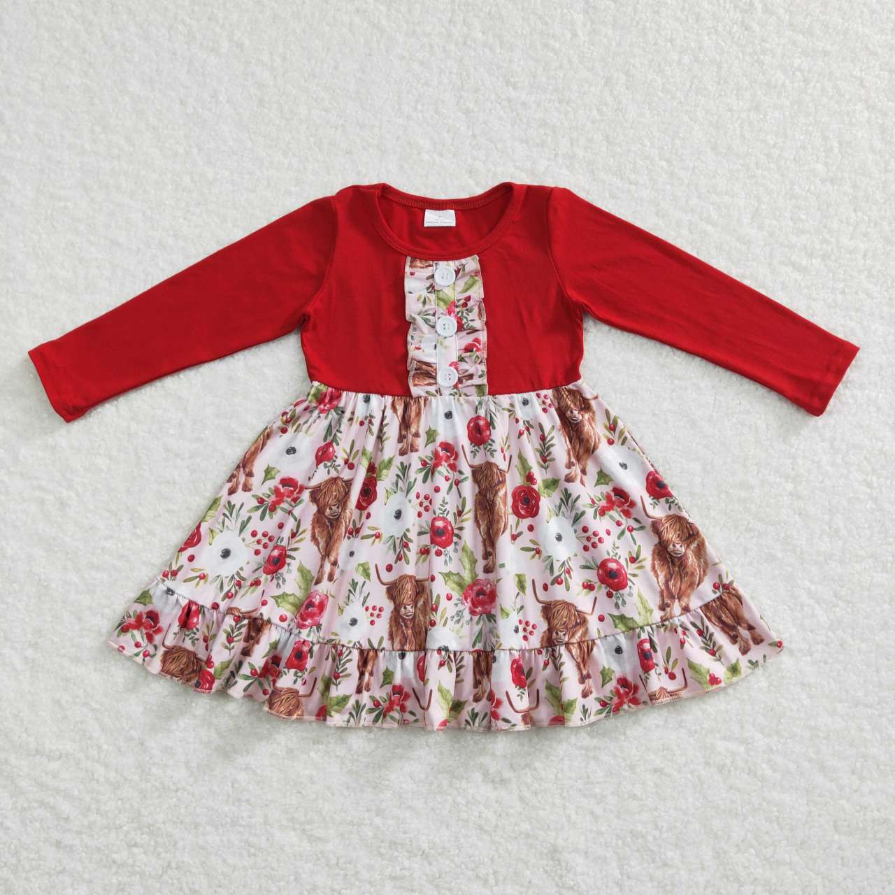 Baby Girls Christmas Highland Cow Flower Long Sleeve Dress