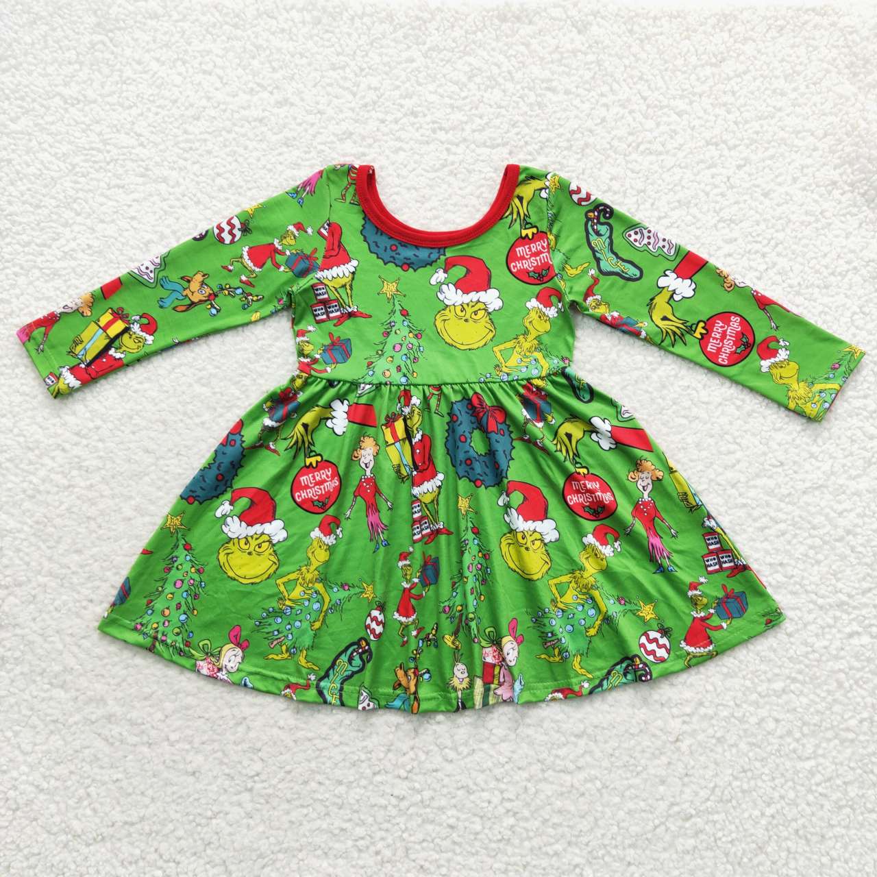 Baby Girls Christmas Green Face Print Long Sleeve Dress