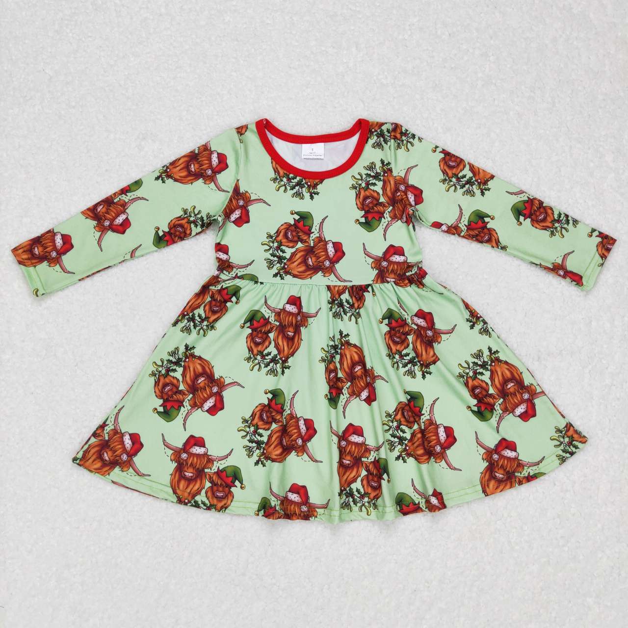 GLD0387 Baby Girls Christmas Highland Cow Long Sleeve Dress