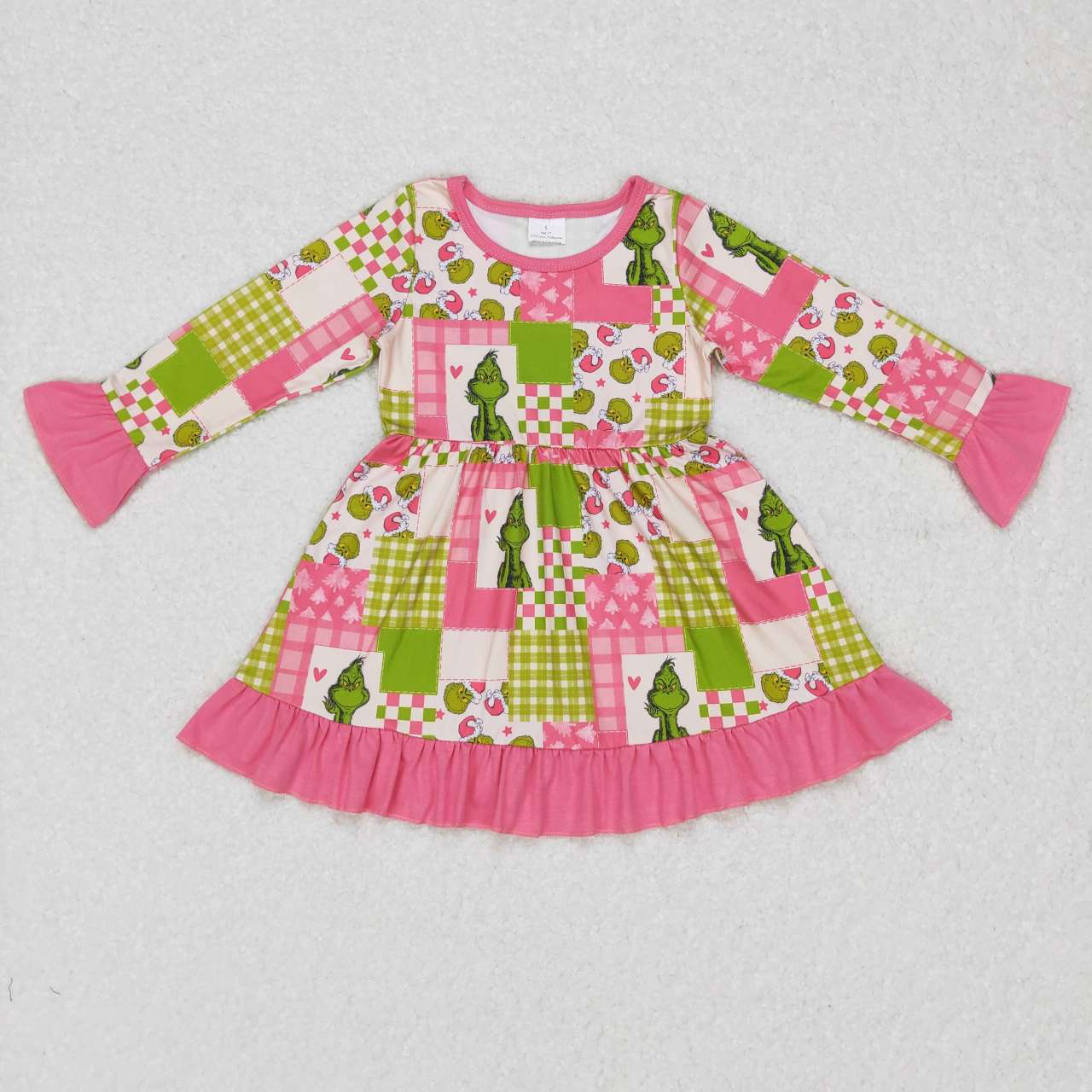 Kids Girls Christmas Green Face Long Sleeve Dress