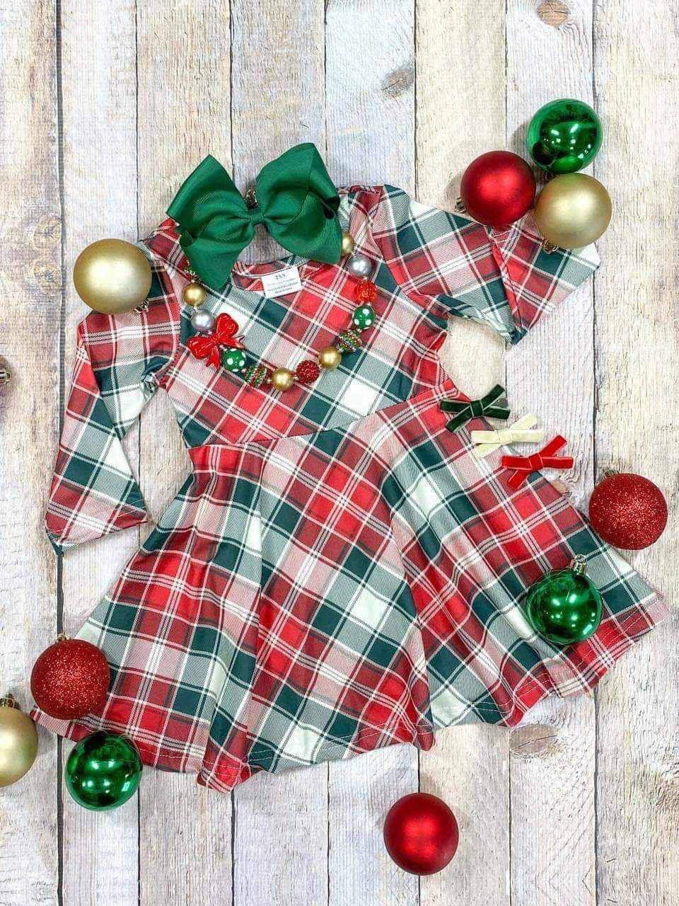 Girls Red Green Plaid Christmas Knee Length Boutique Dresses