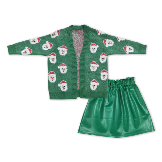 Kids Girls Christmas Santa Green Sweater Coat and Green Skirt Set