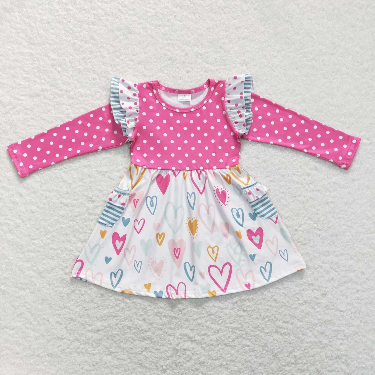 Baby Girls Valentines Pink Dots Long Sleeve Hearts Dress and Romper