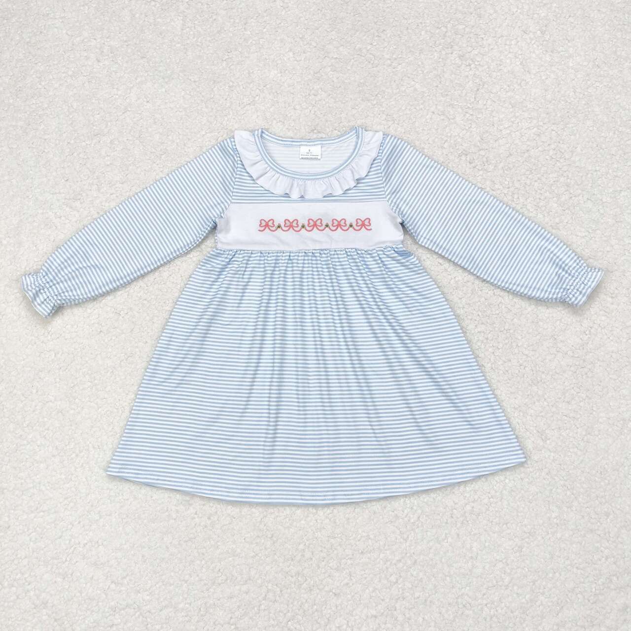 GLD0508 Baby Girls Pink Bow Blue Striped Long Sleeve Dress