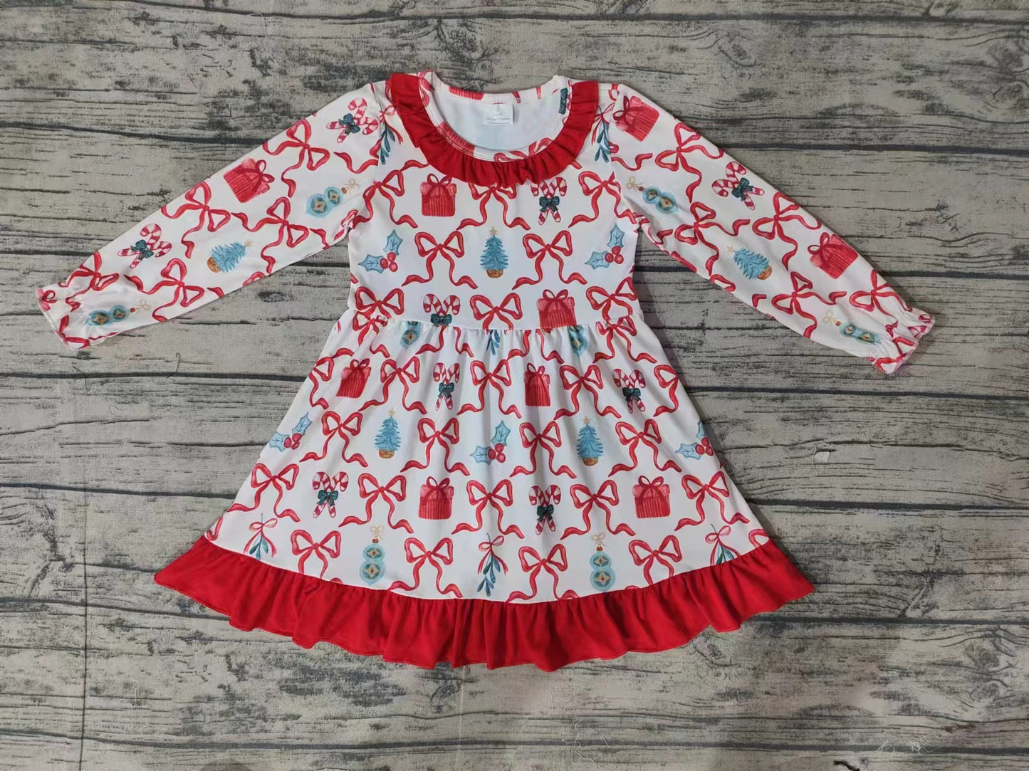 GLD0523  Baby Girls Christmas Holly Long Sleeve Dress