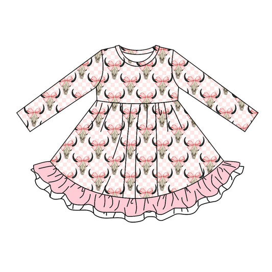 GLD0528 Baby Girls Pink  Highland Cow Long Sleeve Dress Pre-order