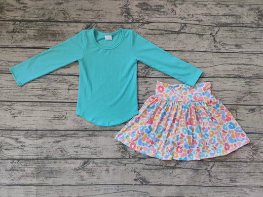 GLD0595 Toddler Girls Blue Top +Leoaprd Skirt Set Preorder