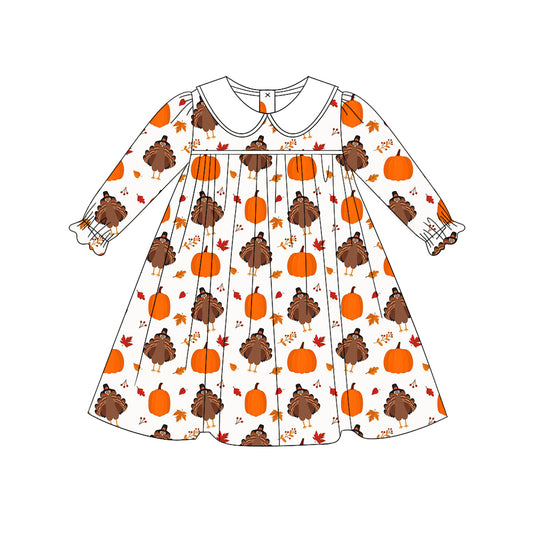 GLD0607 Baby Girls Dress Long Sleeve Thankgiving Turkey