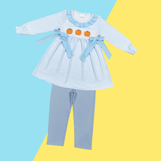 Kids Girls Applique Pumpkin Blue Striped Tunic Top With Orange Blue Leggings Set