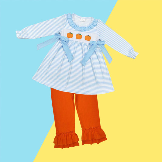 Kids Girls Applique Pumpkin Blue Striped Tunic Top With Orange Ruffle Pants Outfity