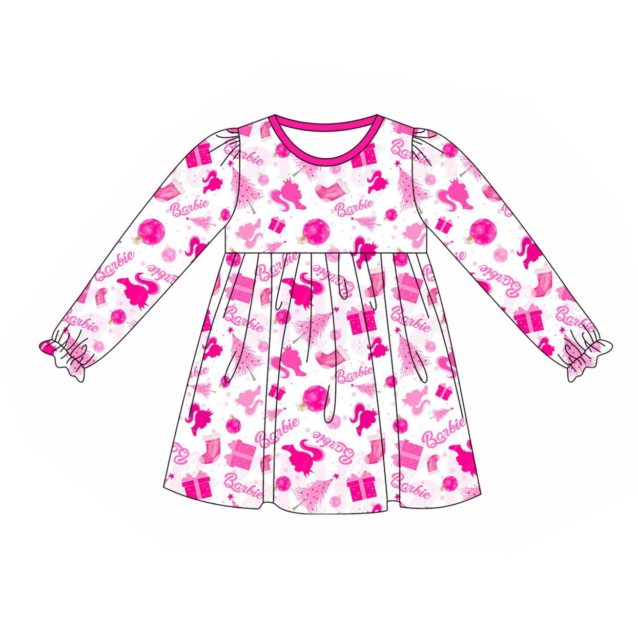 GLD0624 Baby Girls Hot Pink Doll Party Long Sleeve Dress Preoder