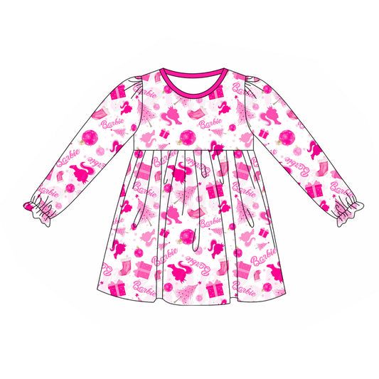 GLD0624 Baby Girls Hot Pink Doll Party Long Sleeve Dress Preoder