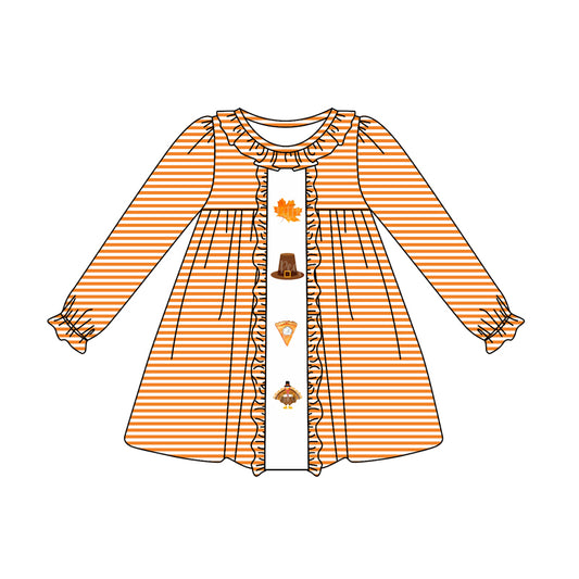 3 MOQ Baby Girls Thankgiving Orange Striped Long Sleeve Dress Preorder