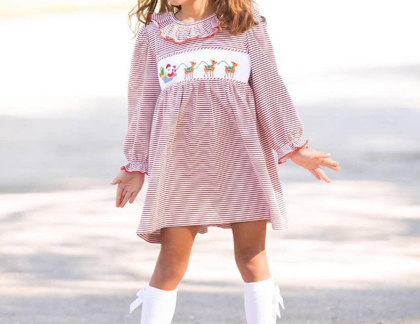 GLD0632 Baby Girls Christmas Santa Reindeer Long Sleeve Dress Preorder