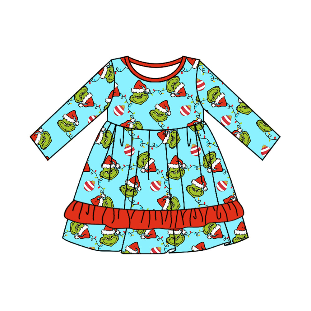 Baby Girls Christmas Light Green Face Long Sleeve Dress Pre-order