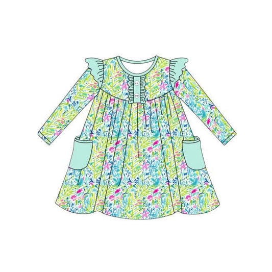 GLD0665 Baby Girls Colorful tropical Floral Long Sleeve  Dress Preorder